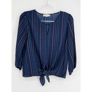 Pink Rose Vintage Navy Blue‎ Striped Tie Front Split Neck Blouse Top Sz M